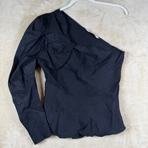 ZARA One Shoulder Top Puff Sleeve Ruched Cocktail Blouse L Black Linen Blend